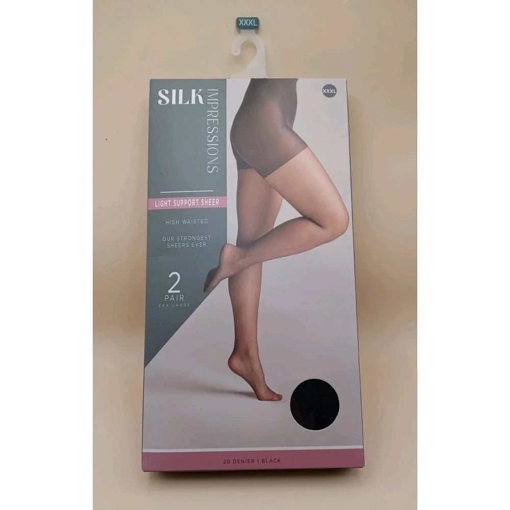 Silk Impressions Sheer Light Support Pantyhose 2 Pack Size 3XL Black 20 Denier